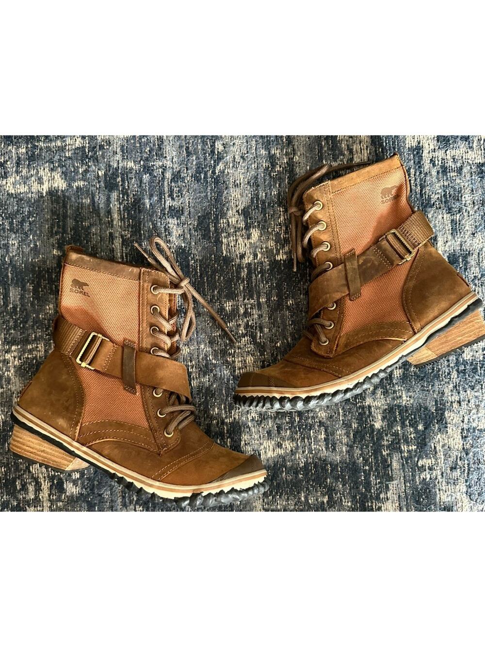 Sorel Major Carly Slimboot LaceUp Leather Buckle Brown Work Combat Boots Size 8